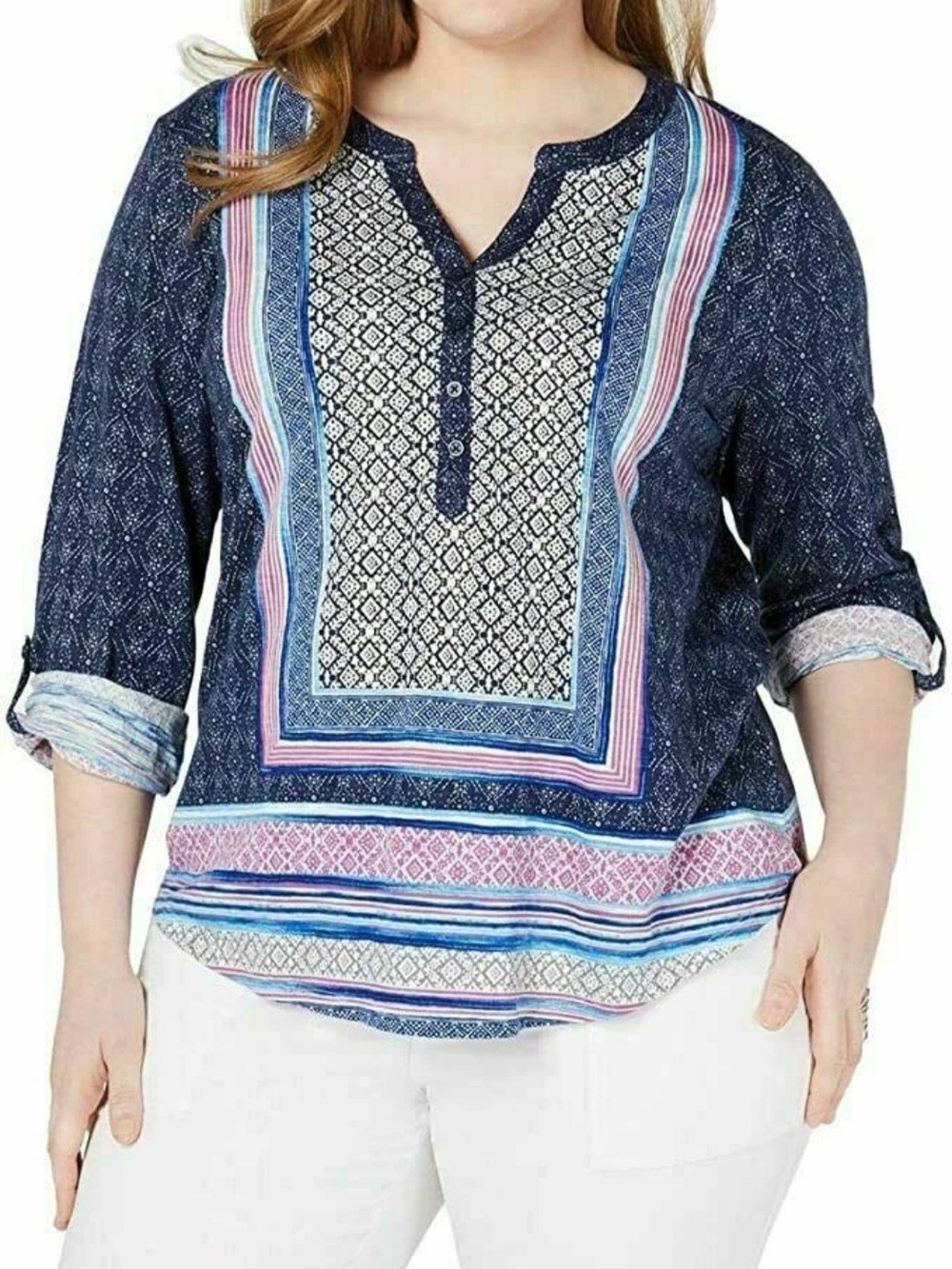 Style & Co Navy Blue Patterned V-Neck Boho Top